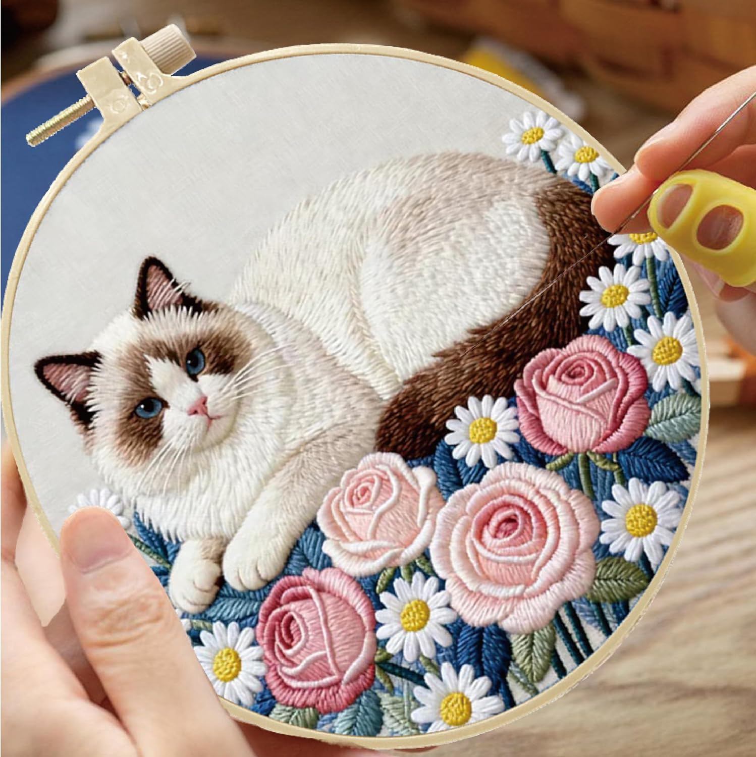 HCANPER Cute Cat Embroidery Starter Kit,DIY Needle Punch Kit, Punch Needle Kits for Beginners,Include Pre-Printed Fabric,Tools,Embroidery Hoop,Threads,Easy for Adults and Children. (Pink)