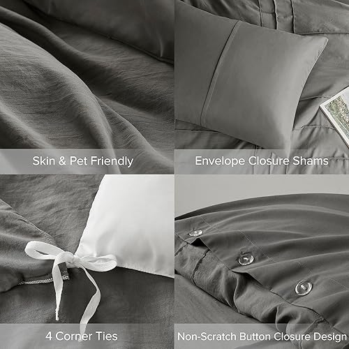 Miniatura 5 de Comfort Spaces Juego de funda de edredón gris Queen  Funda de edredón plisada de 3 piezas para todas las estaciones, ligera, suave como el algodón,