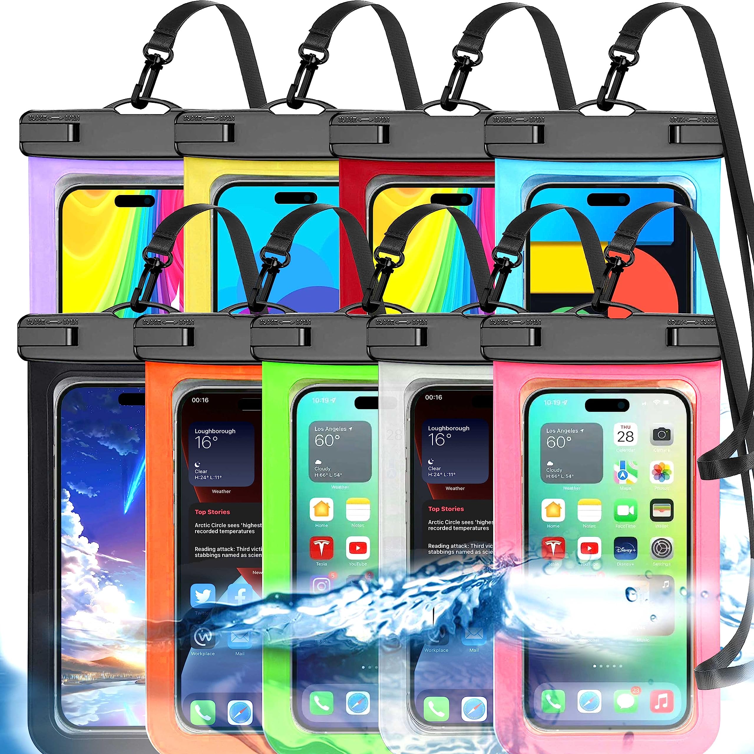 9 Pack Multicolor Universal Waterproof Phone Pouch, Large Phone Waterproof Case Dry Bag (Protection Level: IP68) Outdoor Sports for Apple iPhone,Samsung,and up to 7.5" (Multicolor 9 Pack)