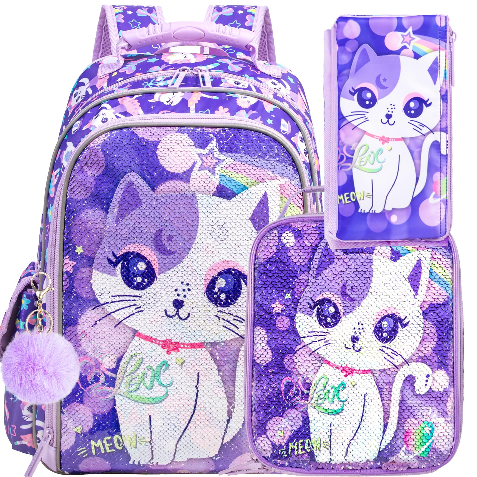 3PCS Cat Uni Dinosaur Backpack for Girls and Boys, 16" Kids Bookbag and Lunch Box, Preschool Backpacks for Elementary