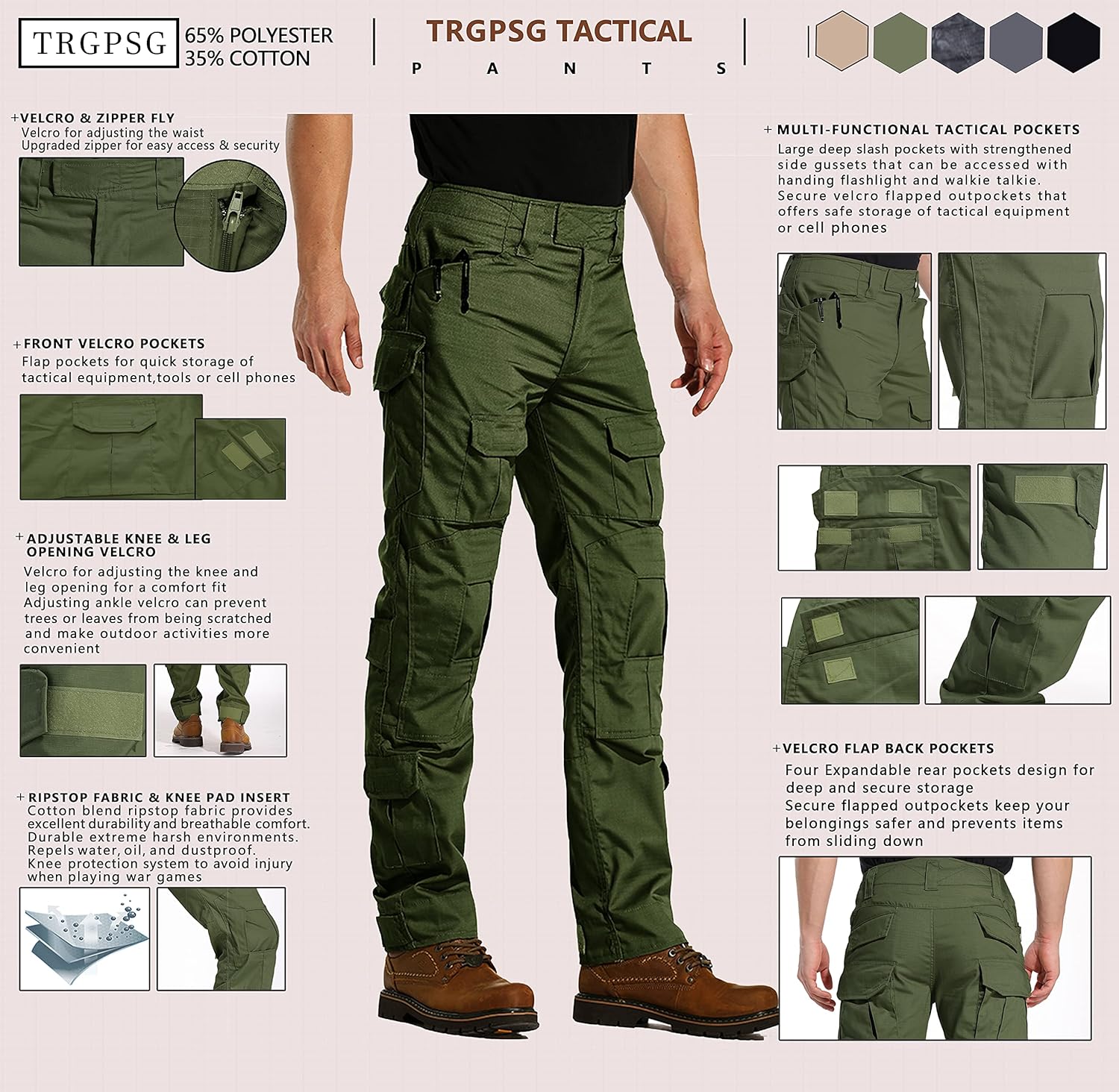TRGPSG Men's Hiking Pants Casual Cargo Pants Camo Work Tactical Pants with Multi Pocket