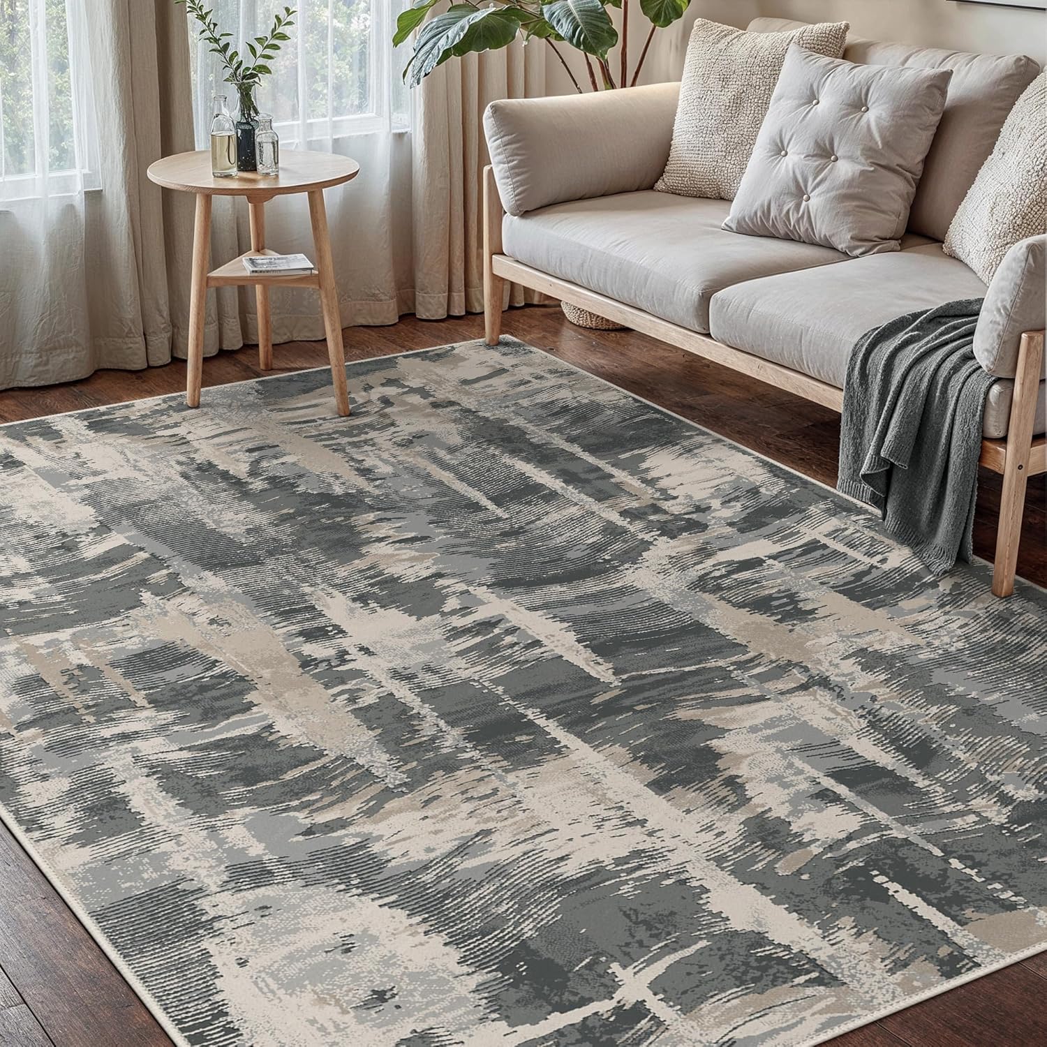 Washable Rug 5x7 Area Rug for Living Room Bedroom, Large Modern Abstract Rug Indoor Floor Carpets Low Pile No Shed Non-Slip with Rubber Backing Dining Room Kitchen Office (Black, 5'x7')