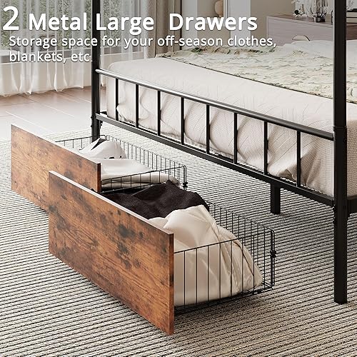 Miniatura 4 de LIKIMIO Marco de cama Queen con cabecera y cajón de madera, marco de cama tamaño Queen con 4 postes resistentes extraíbles, sin ruido, no necesita