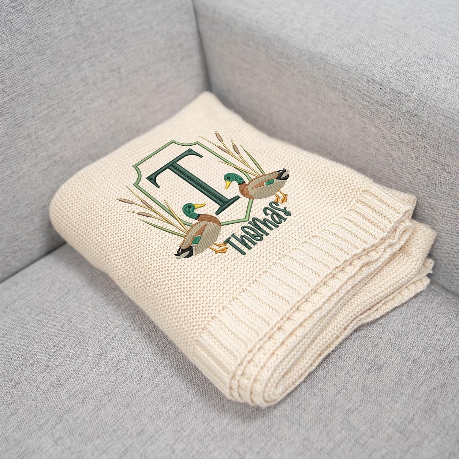 Mallard Ducks Crest Embroidered Knit Blanket, Custom Baby Name Blanket for Boy, Personalized Outdoor-Themed Nursery Keepsake Gift