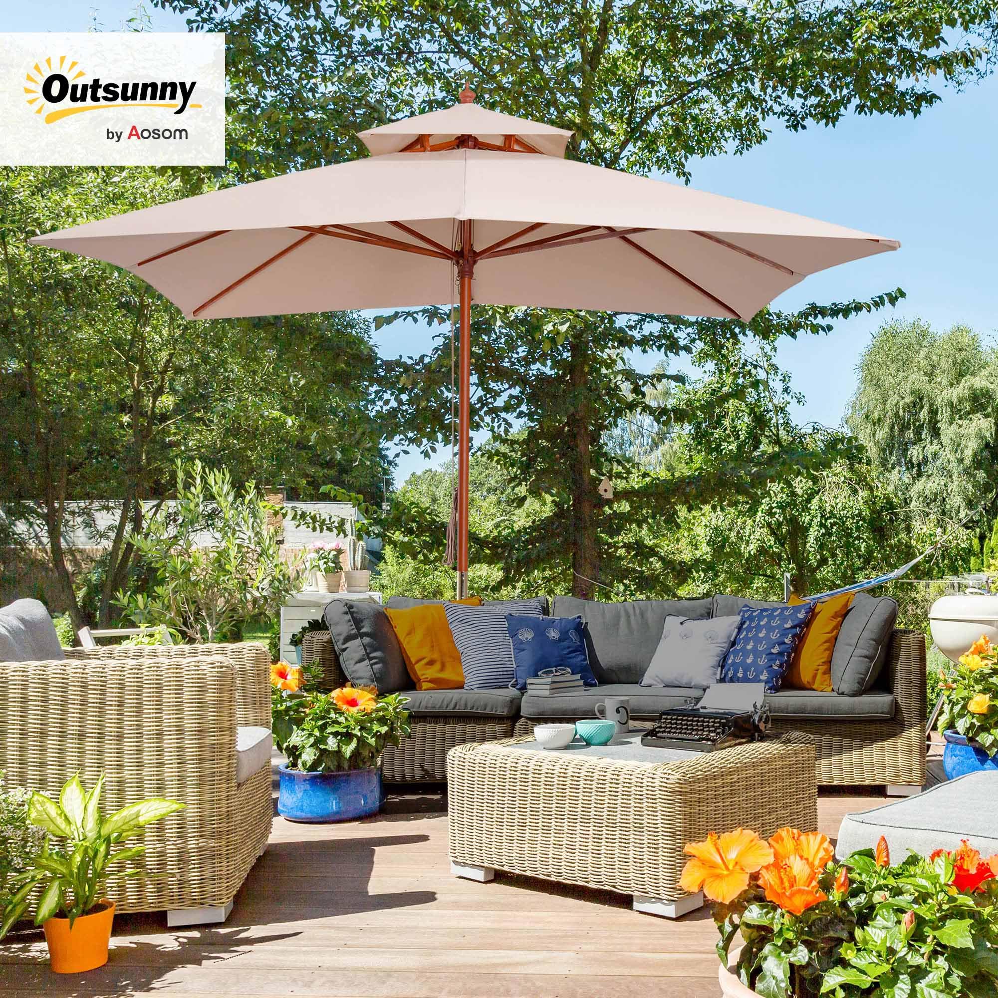 Outsunny Ombrellone da Giardino 3x3 m con Sistema a Corda, Parasole a 2 Livelli, Ombrellone da Esterno Quadrato a 8 Stecche, in Bambù, Legno Pioppo e Poliestere, per Cortile Balcone, Crema