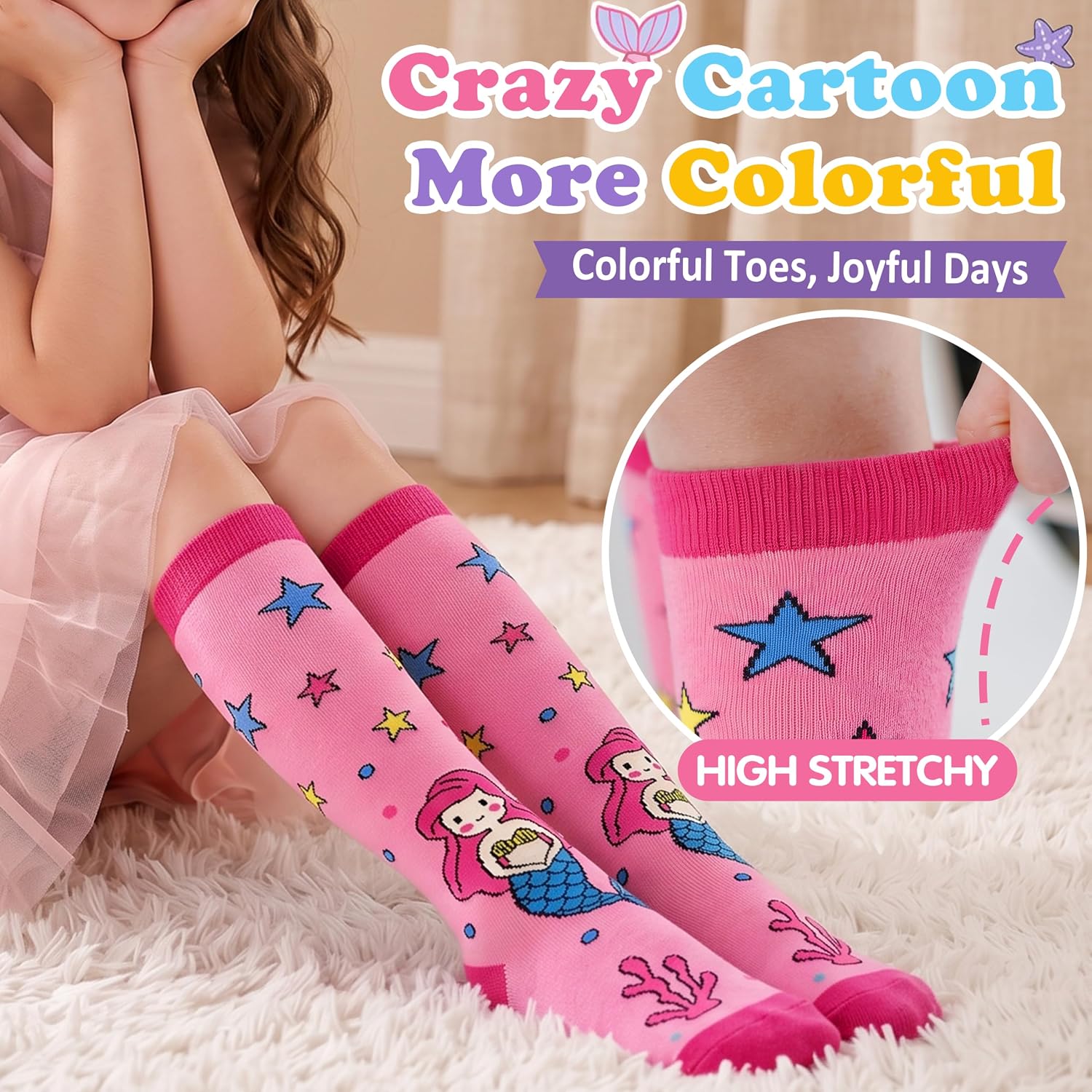 Kids Girls Knee High Socks, 6 Pairs, Funny Cute Crazy Long Socks