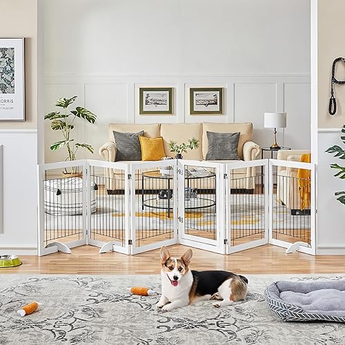 Miniatura 2 de Yaheetech Puerta extra ancha para mascotas de 148 pulgadas con puerta independiente, 6 paneles de madera para perros, para puertas, valla plegable