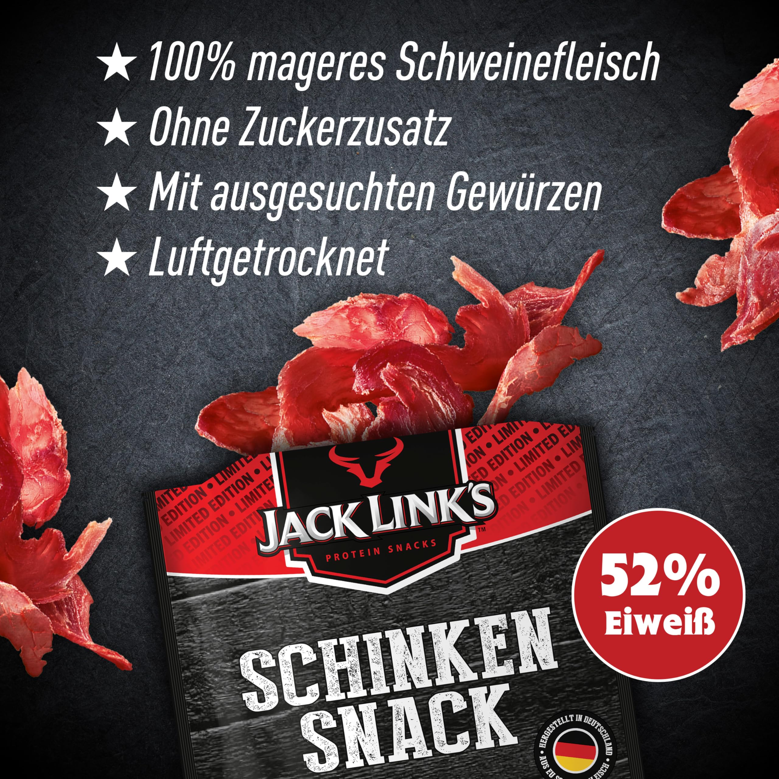 Jack Link’s Schinkensnack - 12er Pack (12 x 25g) - Proteinreicher Fleisch Snack aus Schweinefleisch - High Protein Snack für Gym, Fitness, Outdoor - Herzhaftes Trockenfleisch aus Deutschland
