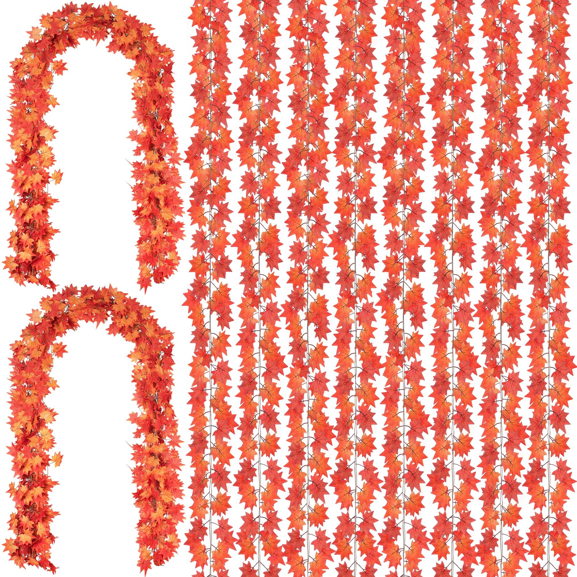 16 Pack 112Ft Fall Garland Maple Leaf Garland, Hanging Vines Garland Artificial Fall Leaves Garland Fall Decorations for Front Door Mantel PartyThanksgiving Decor (Orange-Brown)