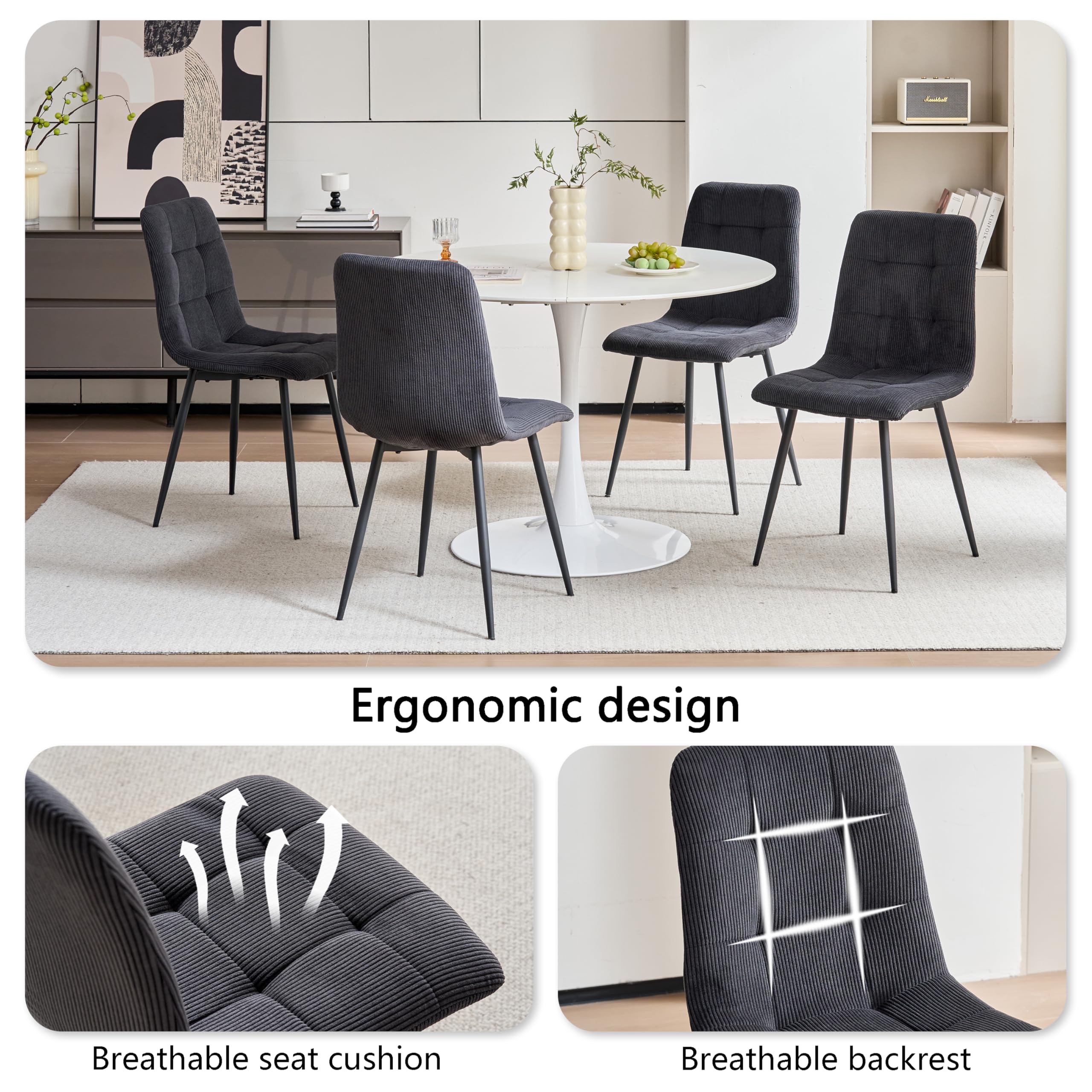 Set di 6 Sedie da Pranzo Nordiche, Sedie da Cucina in Velluto a Coste, Gambe in Metallo Nero, Seduta e Schienale in Spugna ad Alta Densità, Adatte per Soggiorno, Cucina - Nero