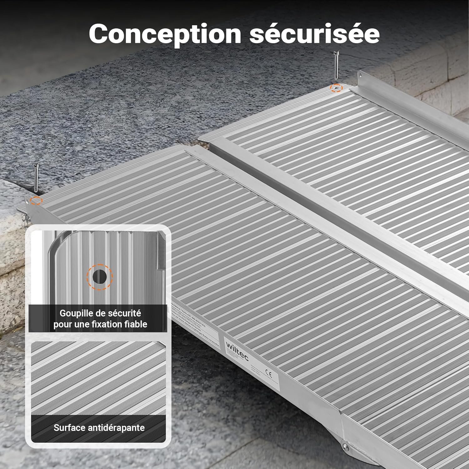 Close-up of the ramp's secure design, showing the safety pin mechanism for reliable fixation and the anti-slip surface texture.