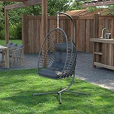 DWVO Foldable Hanging Egg Chair with Cushion, Rattan Wicker Swing Chair Without Stand, 350lbs Capacity, Indoor Outdoor Basket Seat for Balcony, Bedroom, Porch, Garden (Sky Blue)