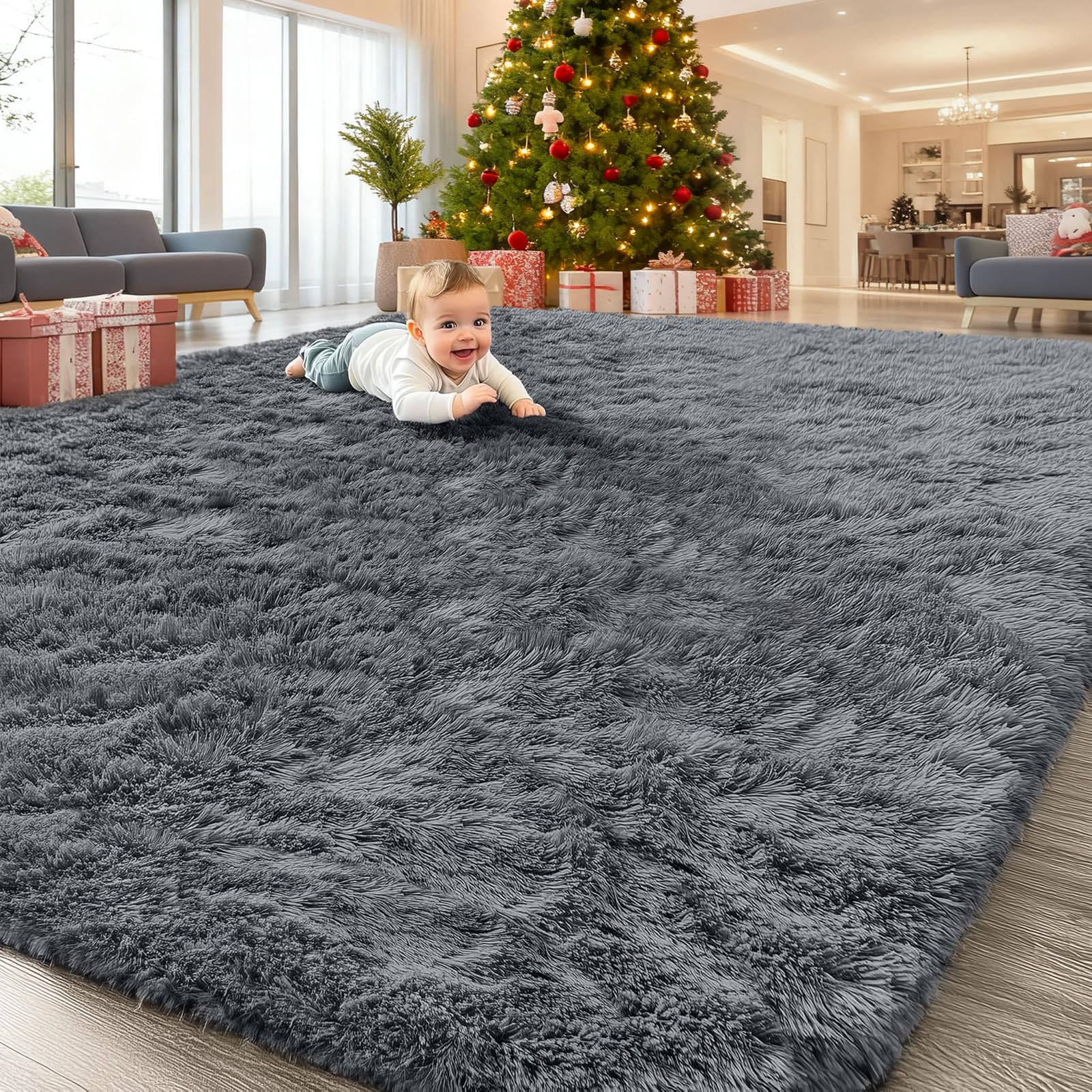 OLANLY 8x10 Machine Washable Large Area Rugs for Living Room, Bedroom, Soft Fluffy Shaggy Bedside Rug, Indoor Floor Carpet for Kids Girls and Boys, Dorms, Nursery, Home Decor Aesthetic, Grey ( USED NEEDS CLEANING)