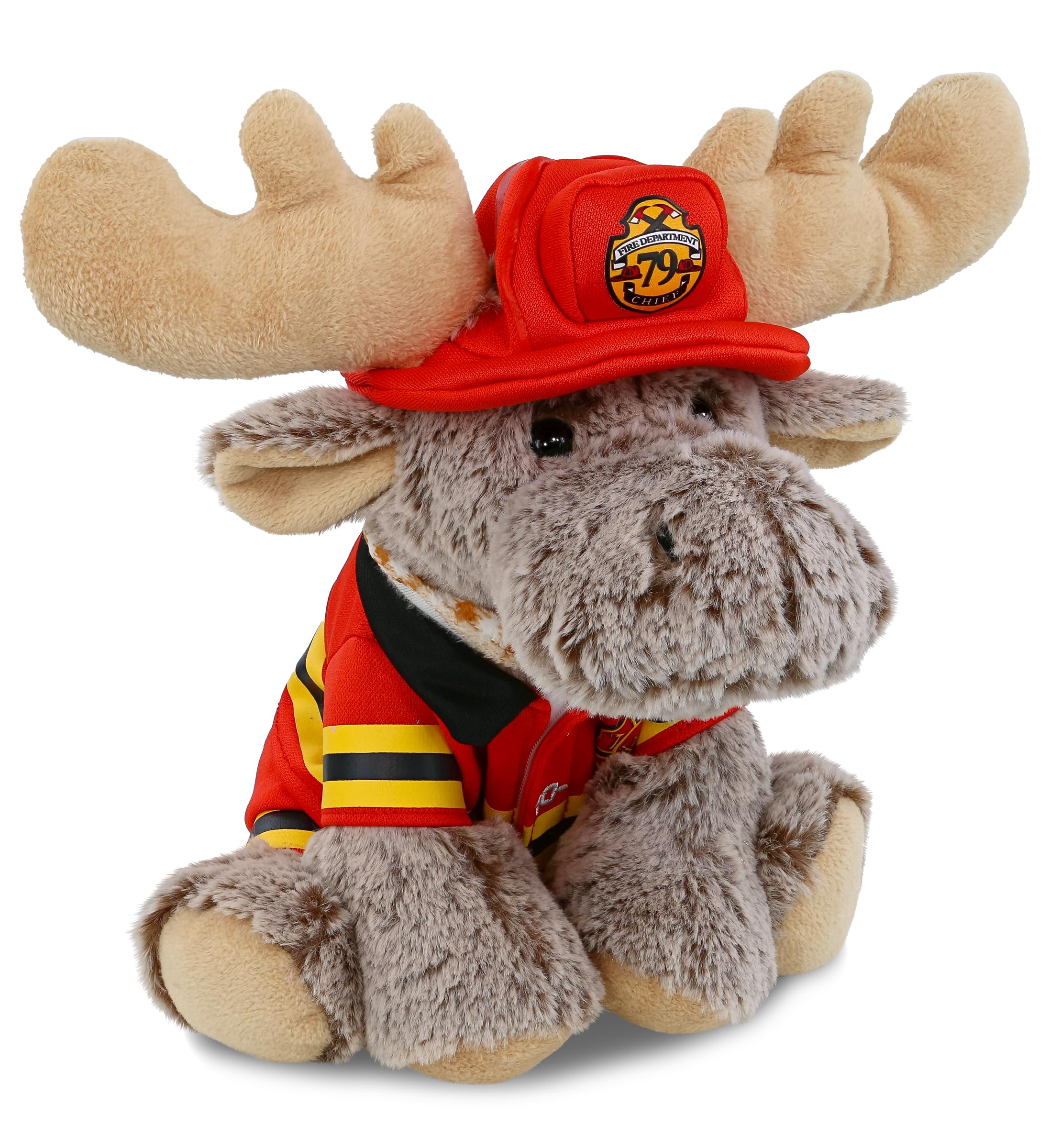 DolliBu Floppy Moose Firefighter Stuffed Animal with Name Personalization - Super Soft Moose with Red Fireman Costume Outfit and Fireman Hat, Cute Fire Fighter Doll Plush Toy for Kids - 9 Inch