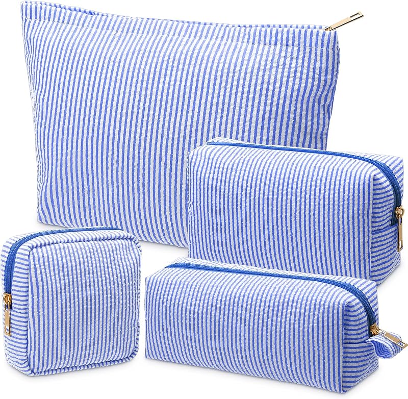 Sanwuta Conjunto com 4 necessaires de maquiagem em seersucker listrado azul-escuro