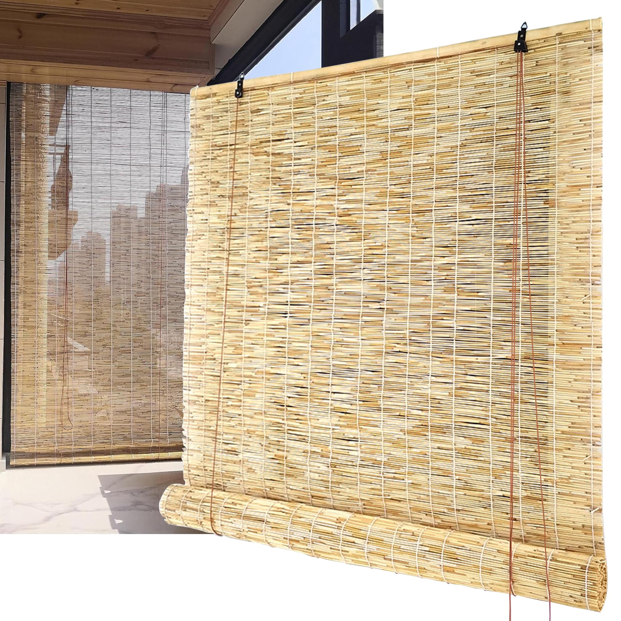 TMGJShd Hand-Woven Natural Reed Curtains Bamboo Blinds Roman Roller Shades Bamboo Roller Blinds with Lifter, Privacy Louve for Outdoor Indoor, Customizable. (Size:60cmx175cm/23.62inx68.90in)