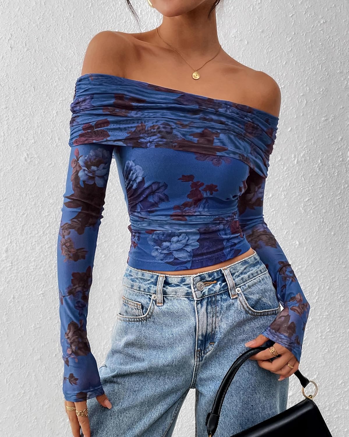 PRETTYGARDEN Womens Tops 2026 Spring Off The Shoulder Long Sleeve Fitted Y2k Shirts Floral Ruched Mesh Going Out Outfits - Image 7
