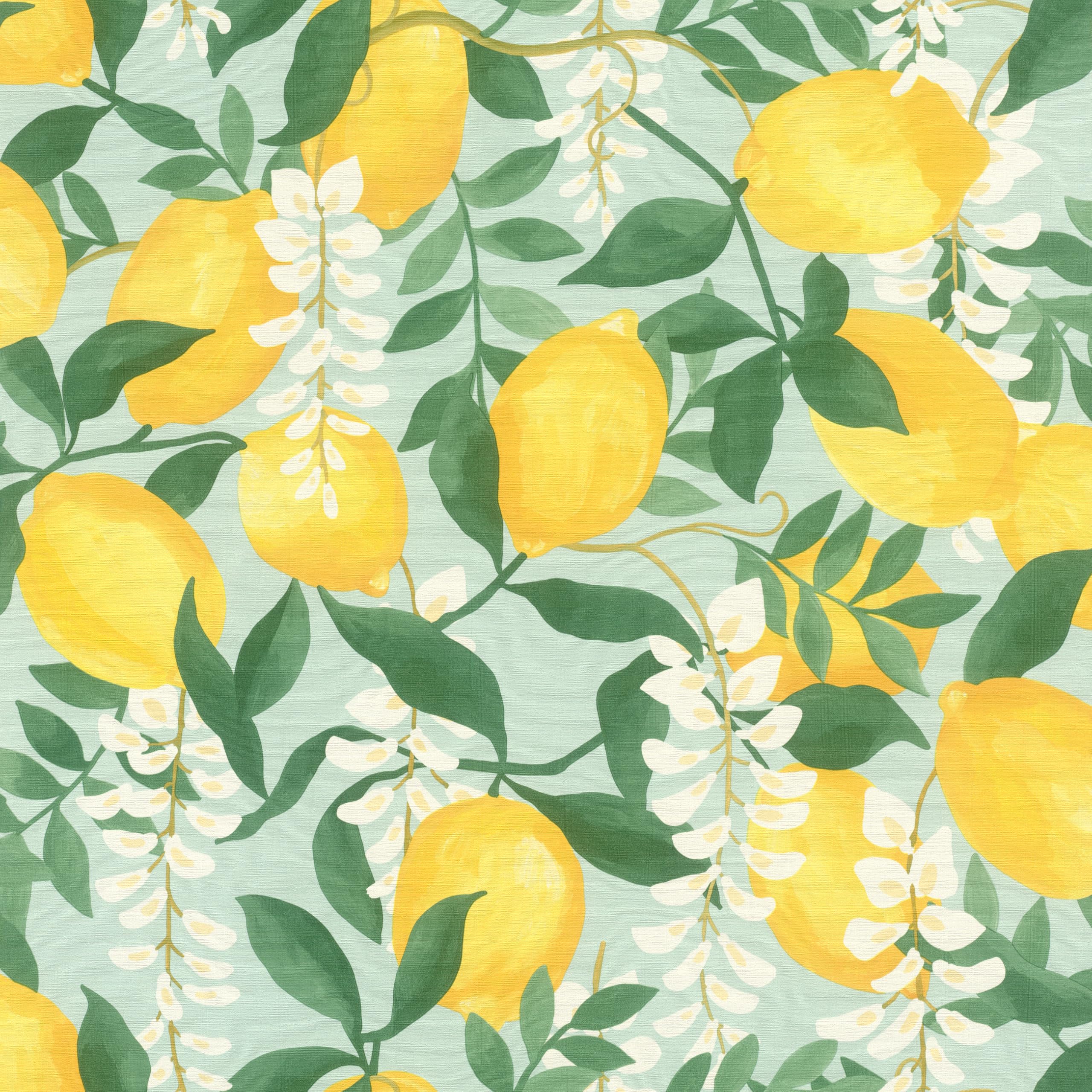 Rasch Papel pintado autoadhesivo de limón Portofino, papel pintado texturizado mediterráneo en amarillo, verde y blanco, fácil de colocar sin pegamento con tecnología adhesiva Tesa, 6,00 m x 0,53 m