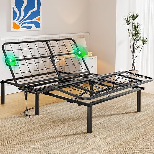 AMADA HOMEFURNISHING Adjustable Bed Frame, Metal Queen Adjustable Bed Base with 4 USB Ports, Head & Foot Incline, Supports up to 750 lbs, Electric Bed Frame with 4 Height Options, MSBFQ03-1