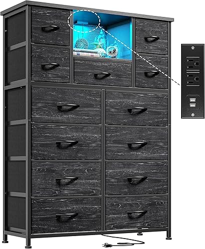 Cómoda para dormitorio con 13 cajones de tela, cómoda negra con LED y 4 puertos de carga, cómoda de 47 pulgadas de alto con estantes de