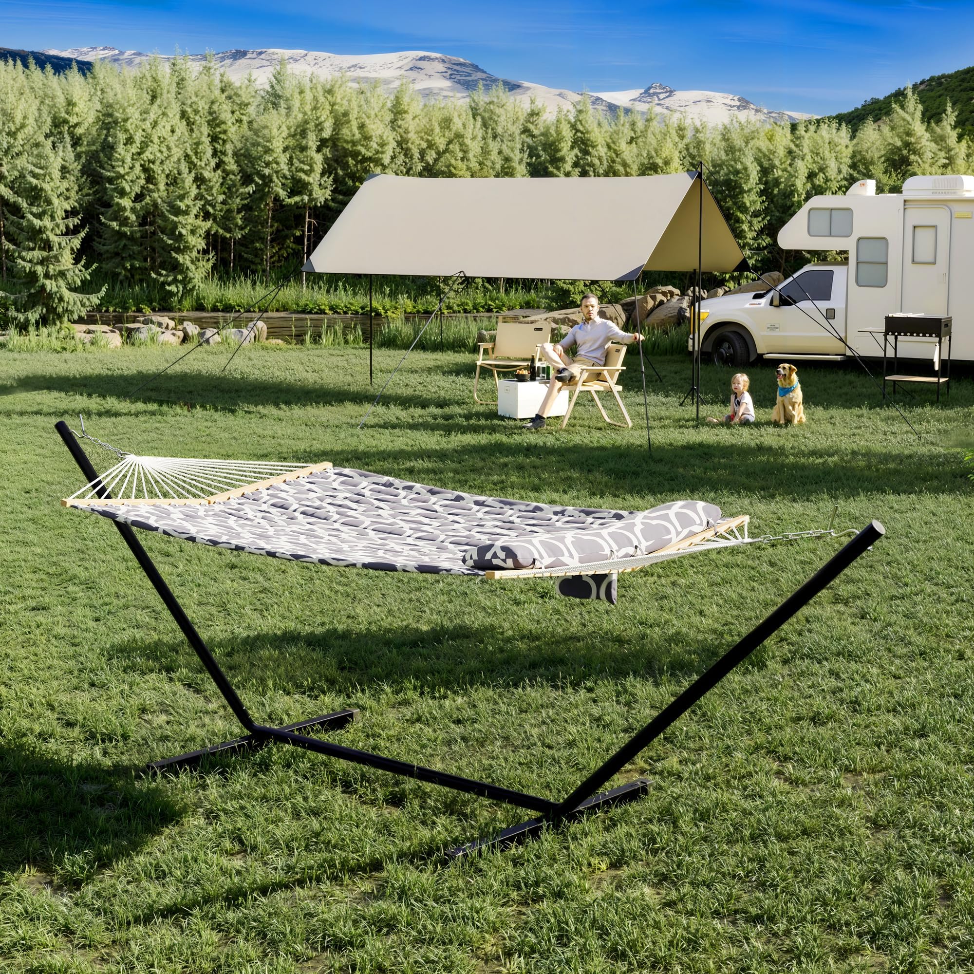 Cachpib 12FT Garden Hammocks 2 Person with Heavy Duty Steel Stand, Large Hammock with Wooden Spreader Bar & Detachable Pillow, 204kg Capacity, Indoor and Outdoor Hammock for Patio, Pool or Backyard