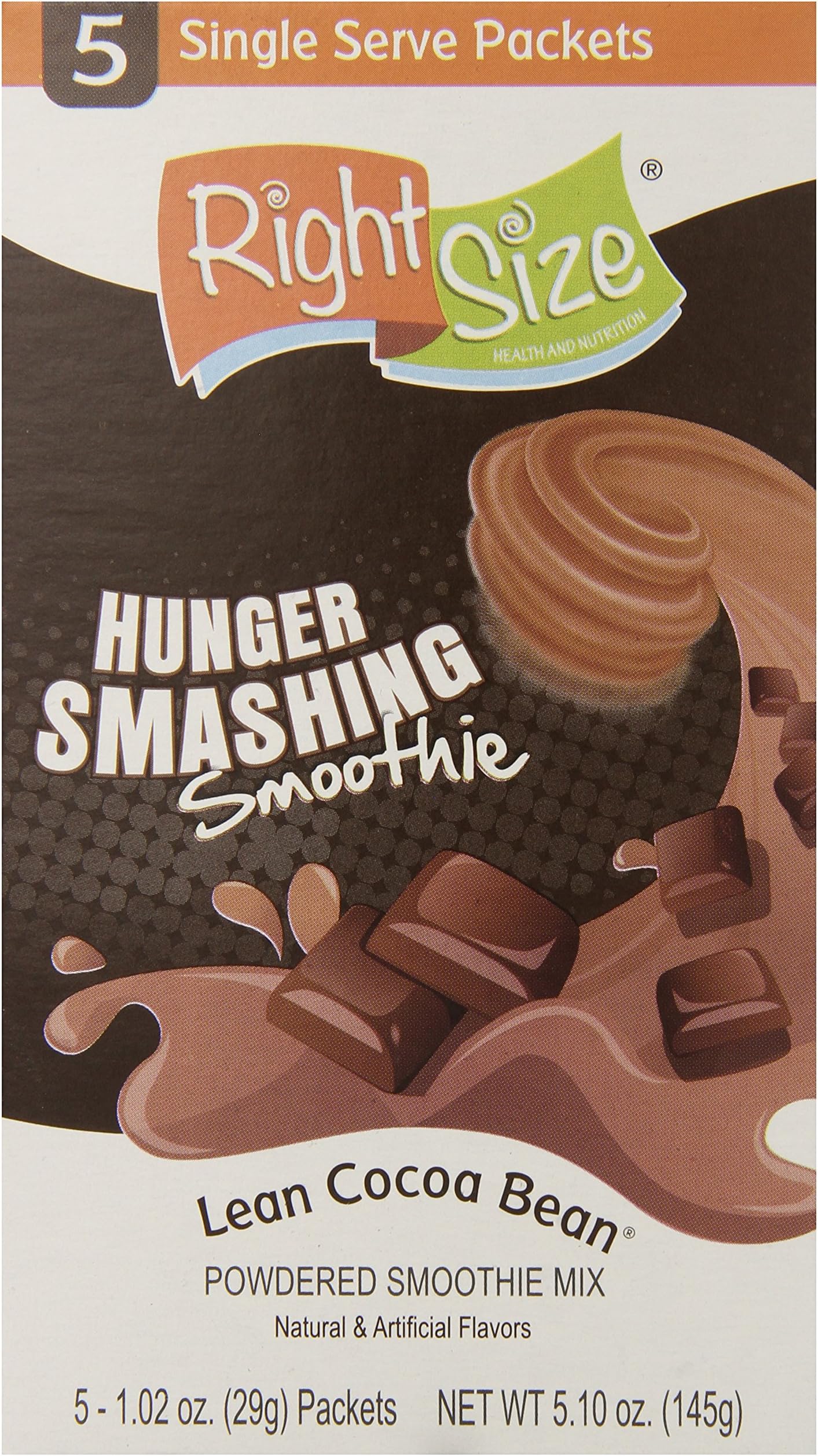 RightSize Hunger Smashing Smoothie Powder, Lean Cocoa Bean, 5 Count, 1.02 oz. (29g) Packets