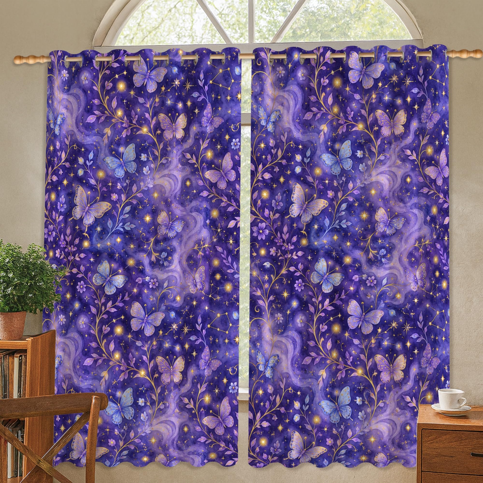 Rideaux occultants en tissu thermique isolant imprimé papillon fleurs de vigne violet chic