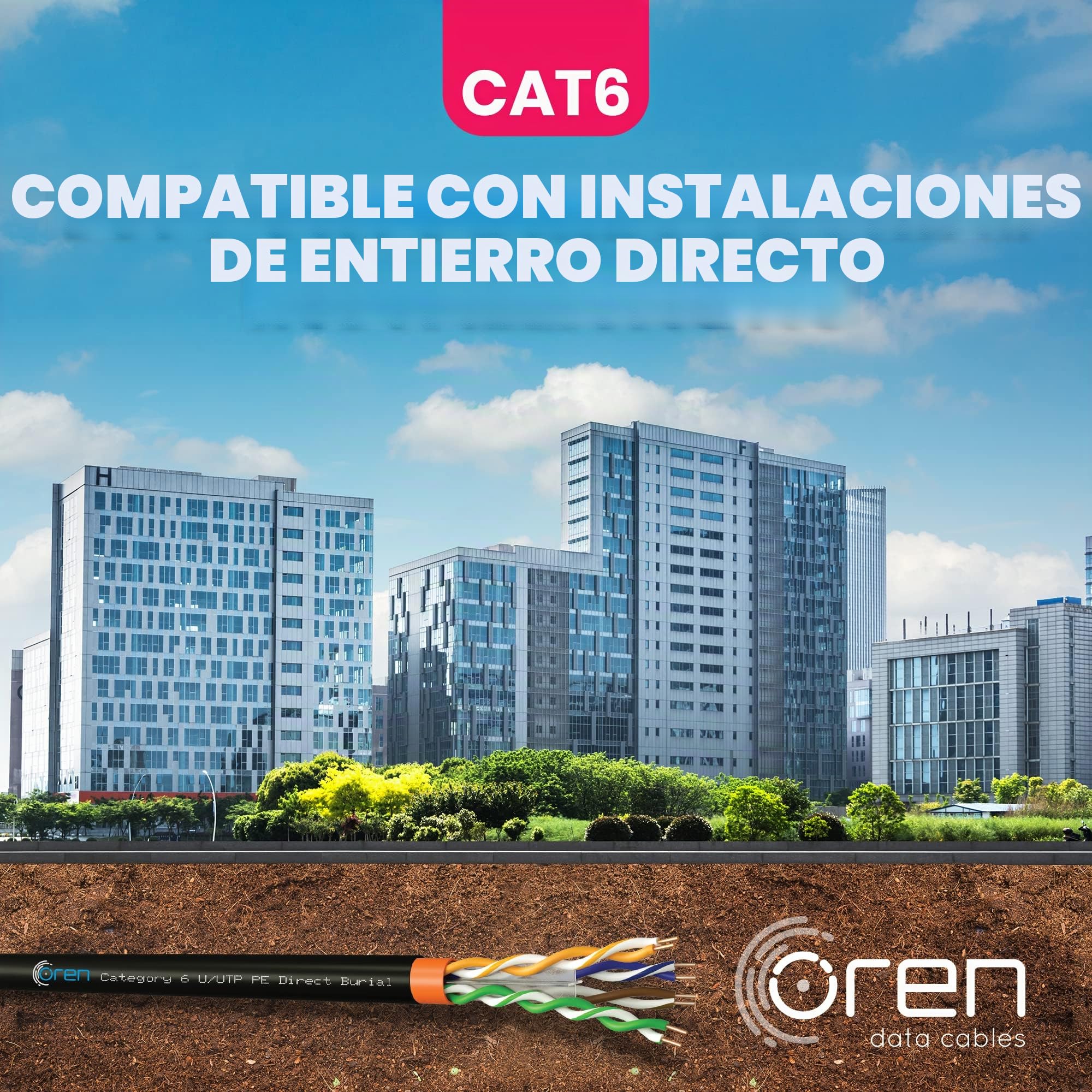 Oren CAT6 50m Cable Ethernet Para Exteriores - Entierro Directo - Cable de Cobre Puro 23 AWG- Cable de Red LAN de Internet UTP de 400 MHz de Ancho de Banda - Libre de Halógenos, No Corrosivo - Gigabit