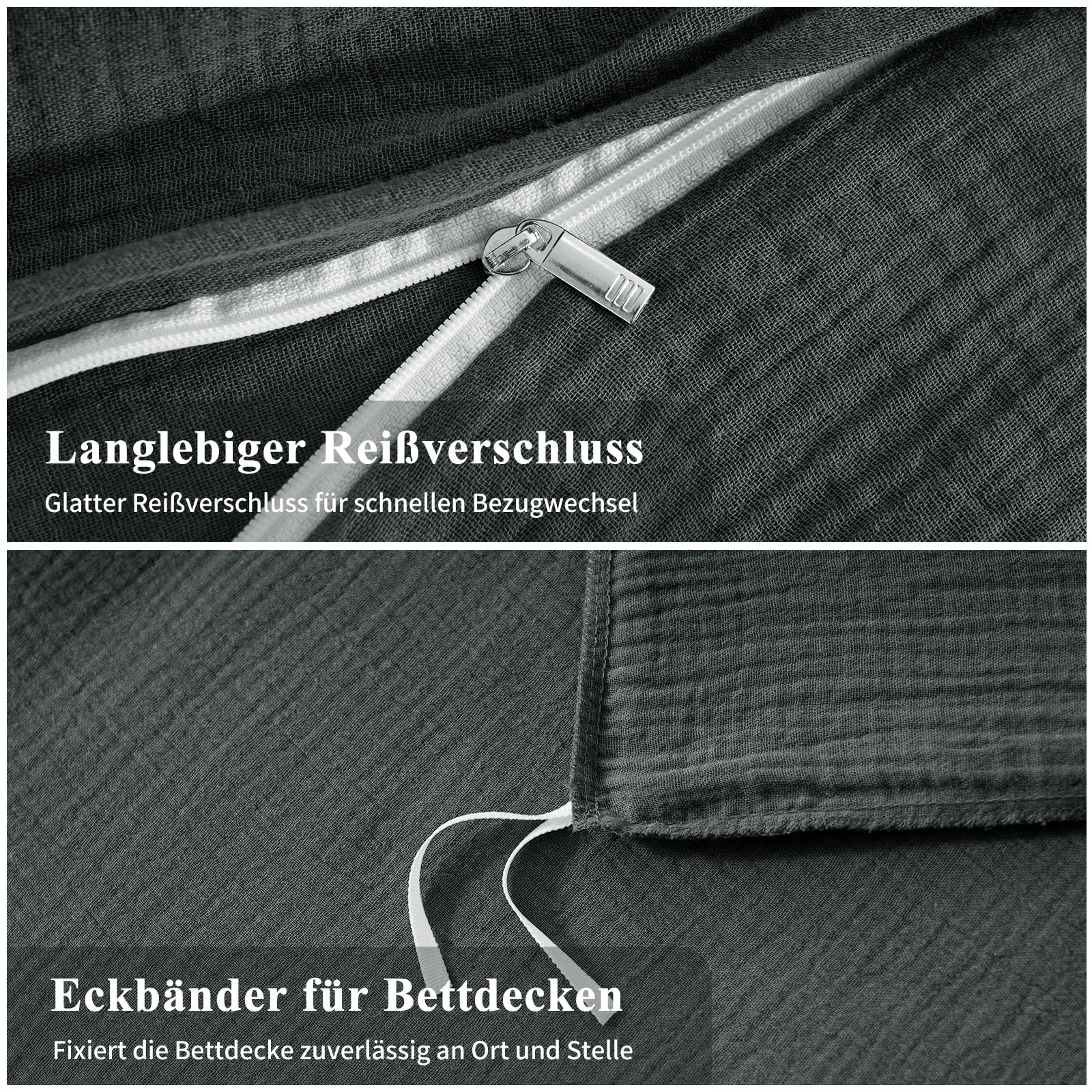 Aisbo Musselin Bettwäsche 135x200 2teilig Grau, 100% Baumwolle Oeko-TEX® | 1 Bettbezug 135x200 cm & 1 Kissenbezug 80x80 cm mit Reißverschluss, Weich, Atmungsaktiv, Leichte Sommerbettwäsche