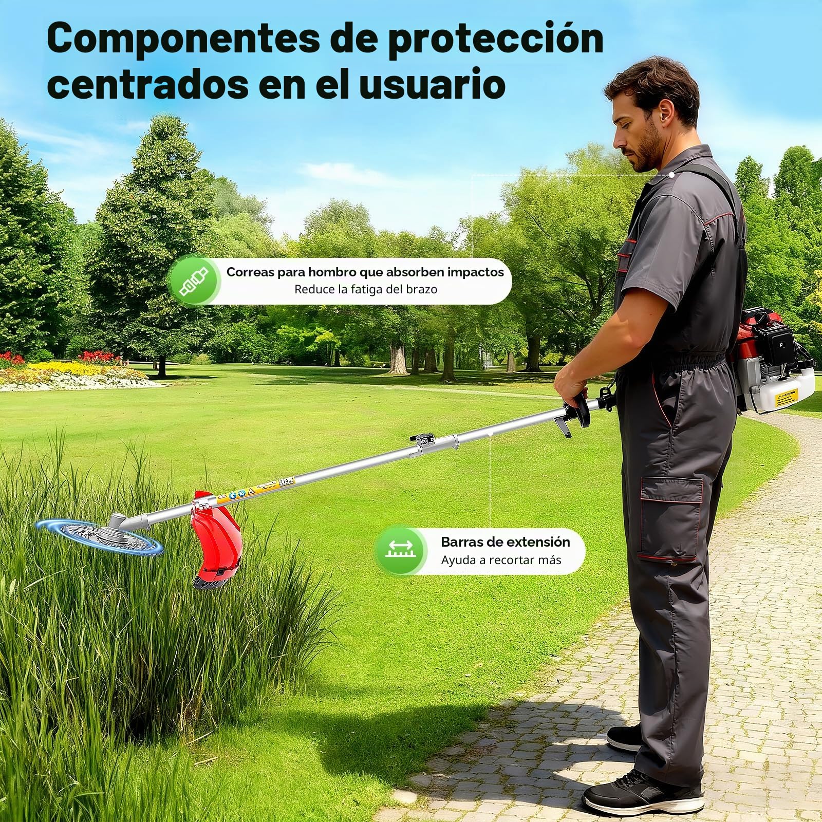 Desbrozadora de gasolina de 52 cc con motor de 2 tiempos, multiherramienta para jardín, cortasetos, podadora, motosierra, barras de extensión, bolsa de herramientas, correa de transporte