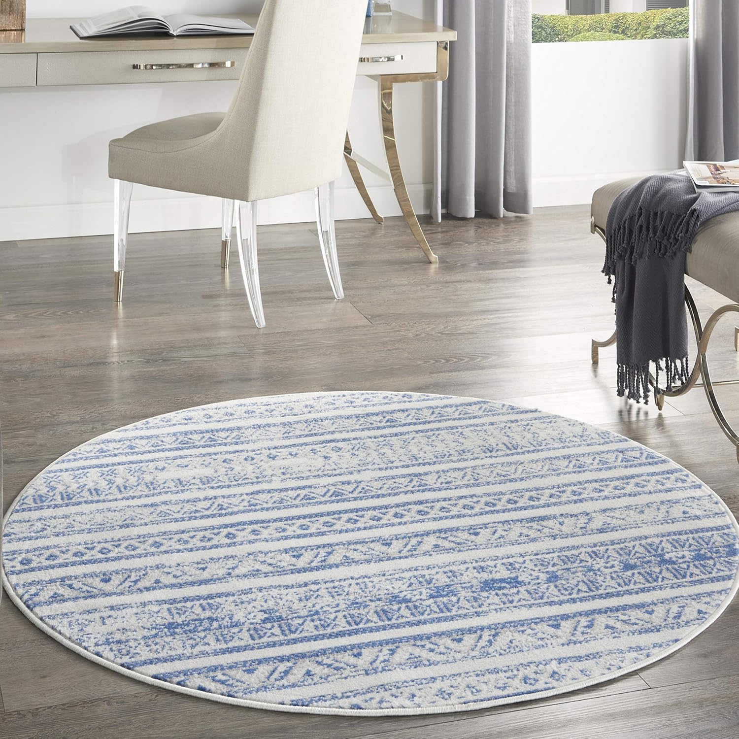 Nourison Whimsicle Tribal Ivory Blue 5' x round Area Rug, Easy Cleaning, Non Shedding, Bed Room, Living Room, Dining Room, Kitchen (5 Round)
