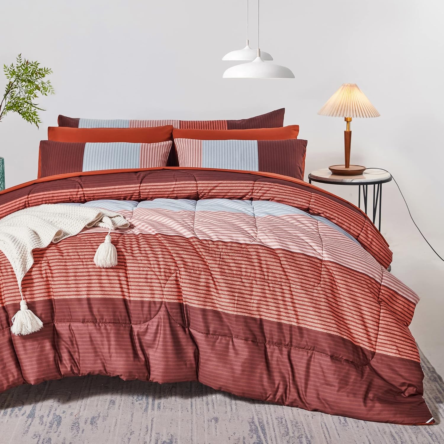 RYNGHIPY Rust Bed in A Bag Full Size Set Burnt Orange Grey Colorblock Comforter Set Terracotta Strip Bedding Set for Men Women Lightweight Soft (Full,Burnt Orange)