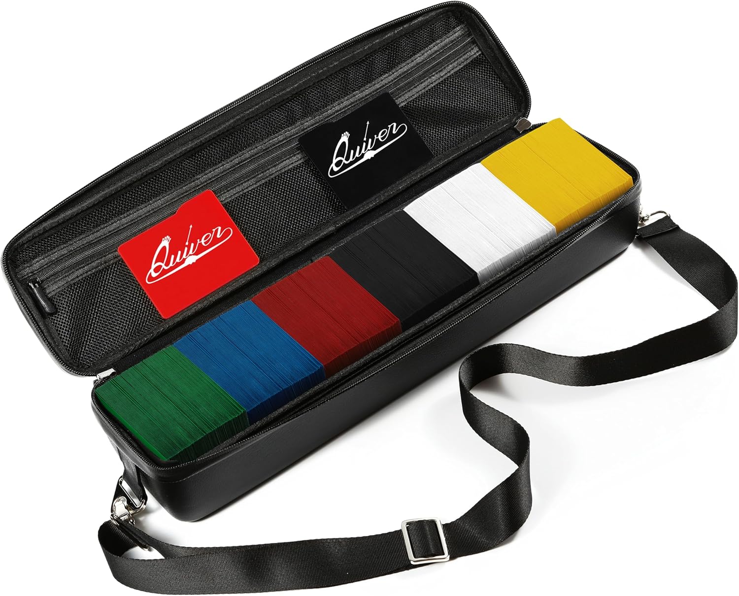 Quiver Time Black Quiver Card Carrying Case - TCG Cards Deck Box Holder for Trading Cards, MTG Bag Playing Card Case (+Wrist & Shoulder Strap, Dividers, Separators, Corner Pads + 100 Apollo Sleeves)