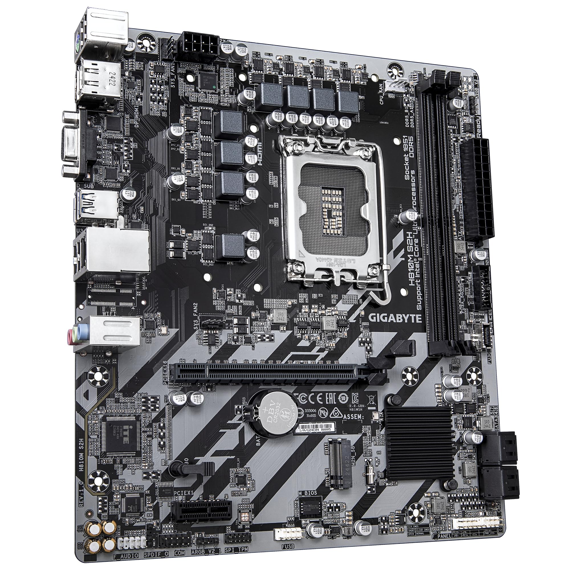 GIGABYTE H810M S2H Scheda madre - CPU Intel Core Ultra (Serie 2), VRM a 4+1+2 fasi, fino a 6400 MHz DDR5, 1xPCIe 4.0 M.2, LAN 1GbE, USB 3.2 Gen 1