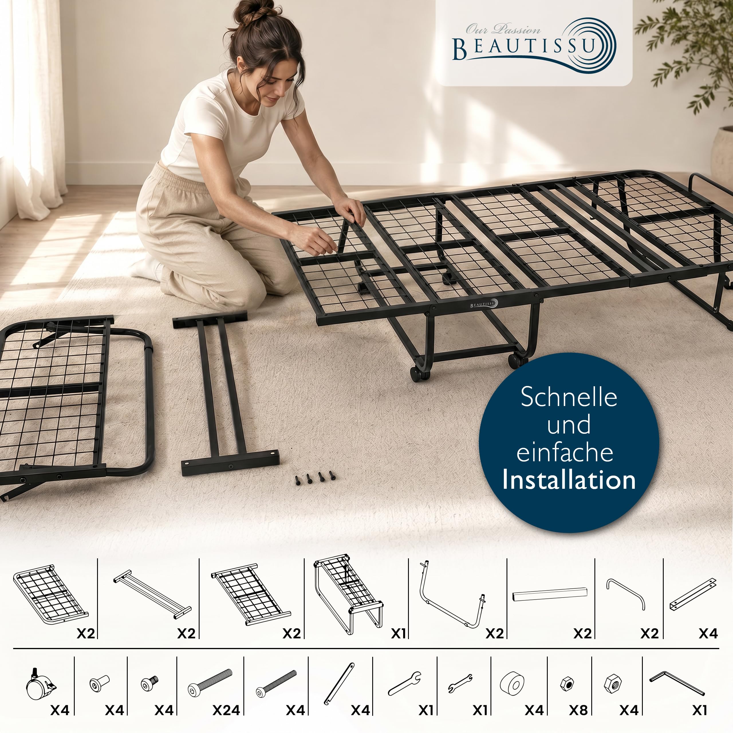 Beautissu Klappbett Gästebett Klappbar für Erwachsene bis 200 kg Rollbett | 90x200cm 13cm Dicke Matratze Memory Schaum Faltbett 4 feststellbaren Rollen Platzsparend mit Schutzhülle Notbett Traumkraft D