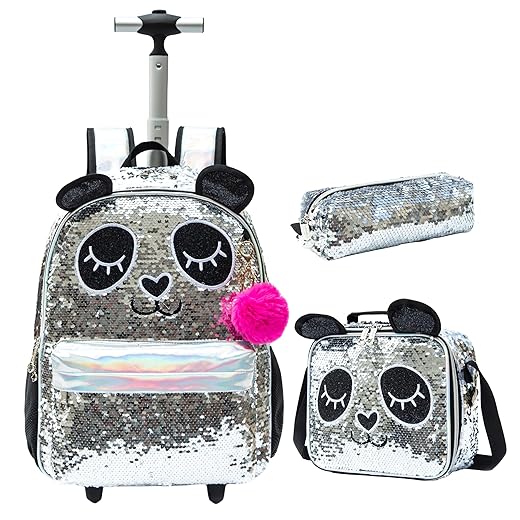 CUTBLAJAT Mochilas de Rodinhas Infantis lantejoulas prateadas - Kit com Lancheira e Estojo - Estilo Princesa Panda (lantejoulas prateadas)