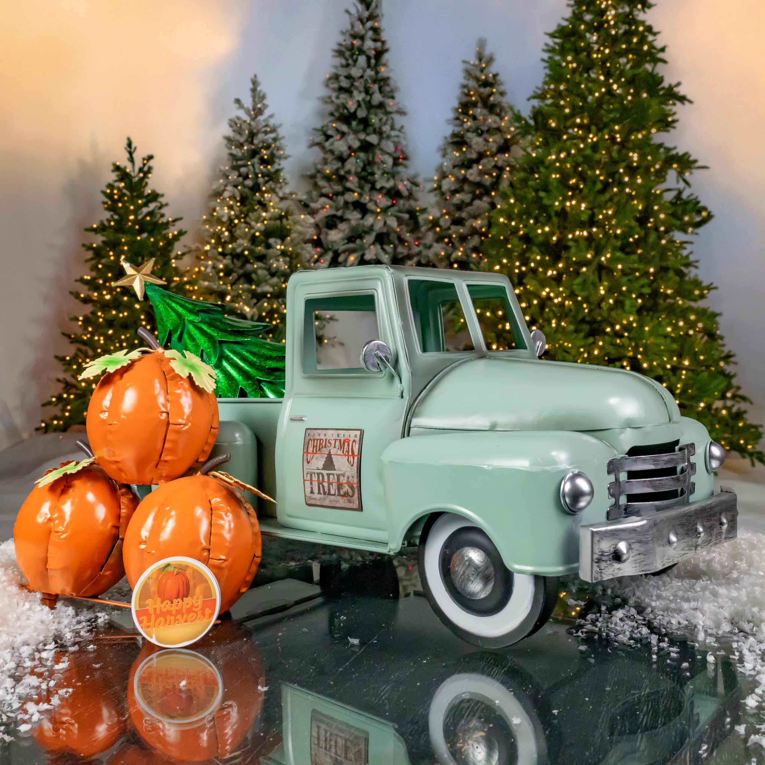 Zaer Ltd. Metal 18.5" Long Multi-Seasonal Christmas and Harvest Pickup Truck with Metal Tree, Pumpkins, and Matching Side-Magnet Sets (Soft Green)
