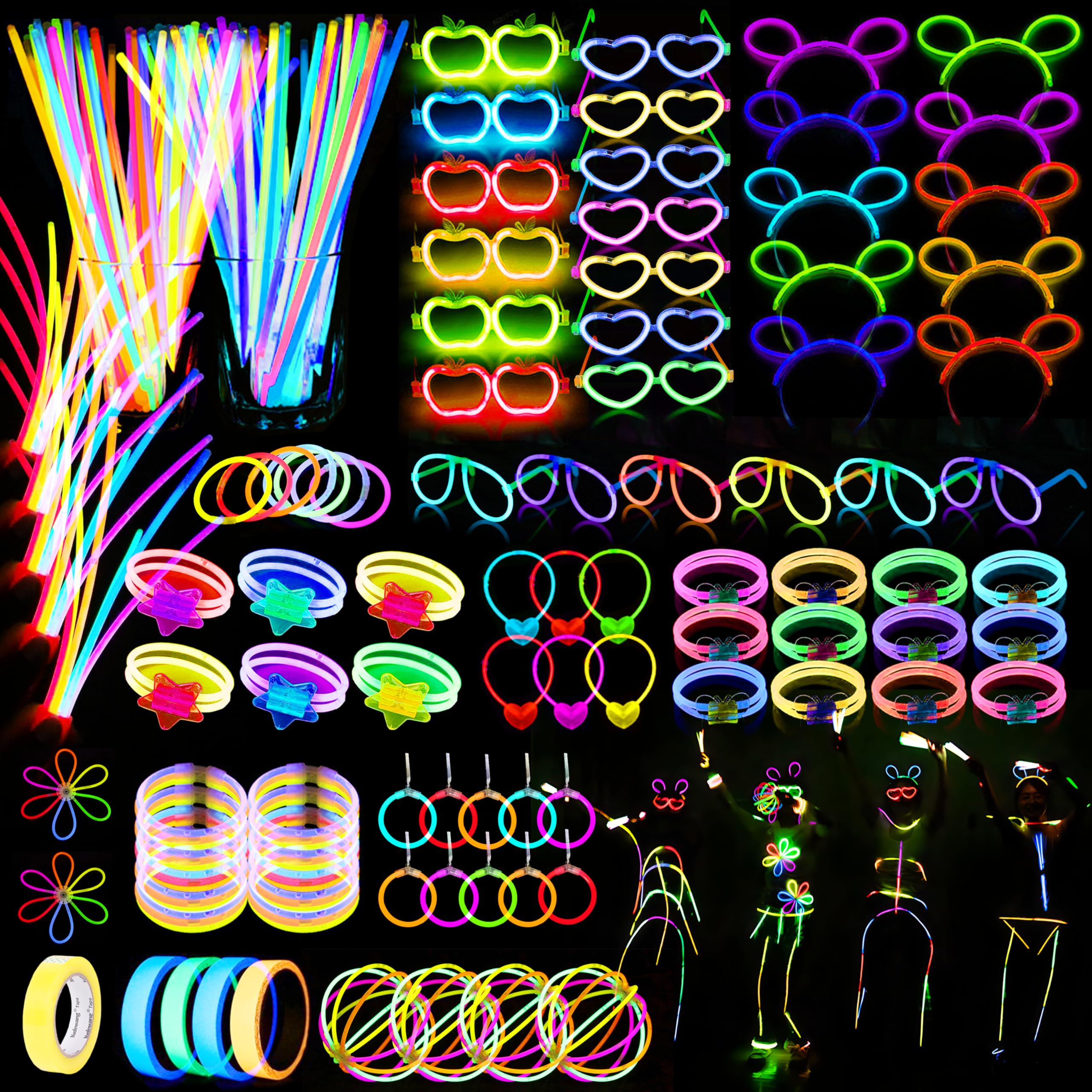 470psc Glow in the Dark Party Supplies for Adults Birthdays,Light Up Party Favors with 200 Glow Sticks Bulk,DIY Glow Necklaces Glasses Bracelets