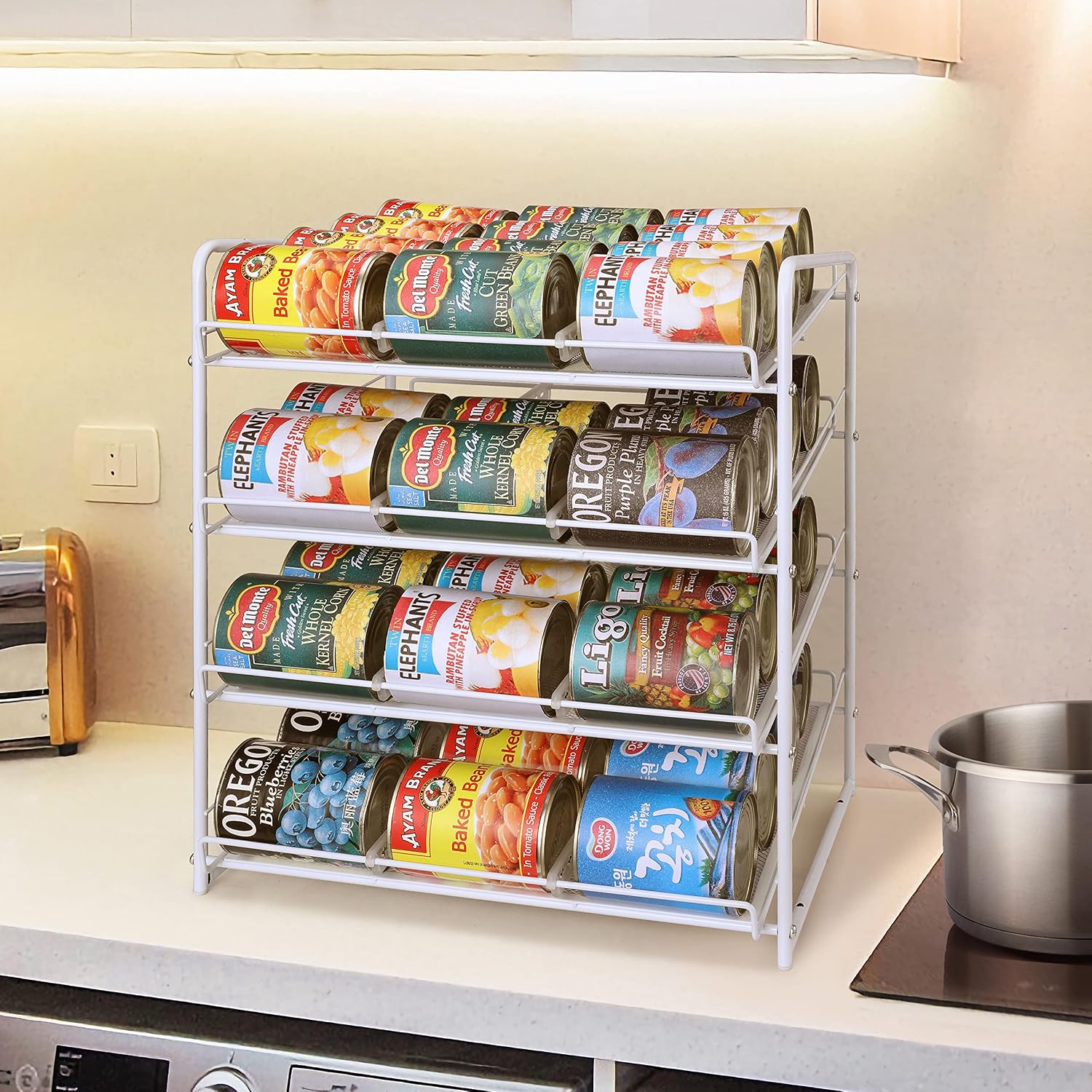 Simple Trending 4-Tier Can Rack Organizer, Can Storage Dispenser Holds up to 48 Cans for Kitchen Cabinet or Pantry, White