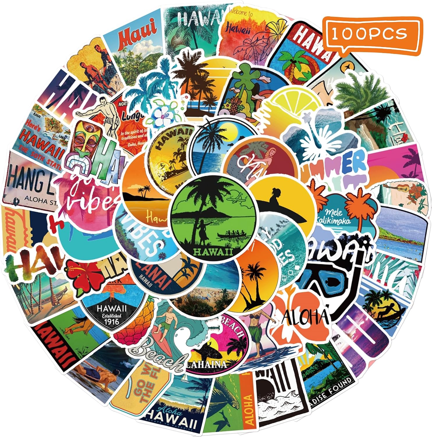100 PCS Hawaii Stickers, Waterproof Hawaiian Beachy Sticker for Water Bottle Luggage Scrapbook Journal Surf Decor, Summer Hawaiian Travel Gifts for Women Men