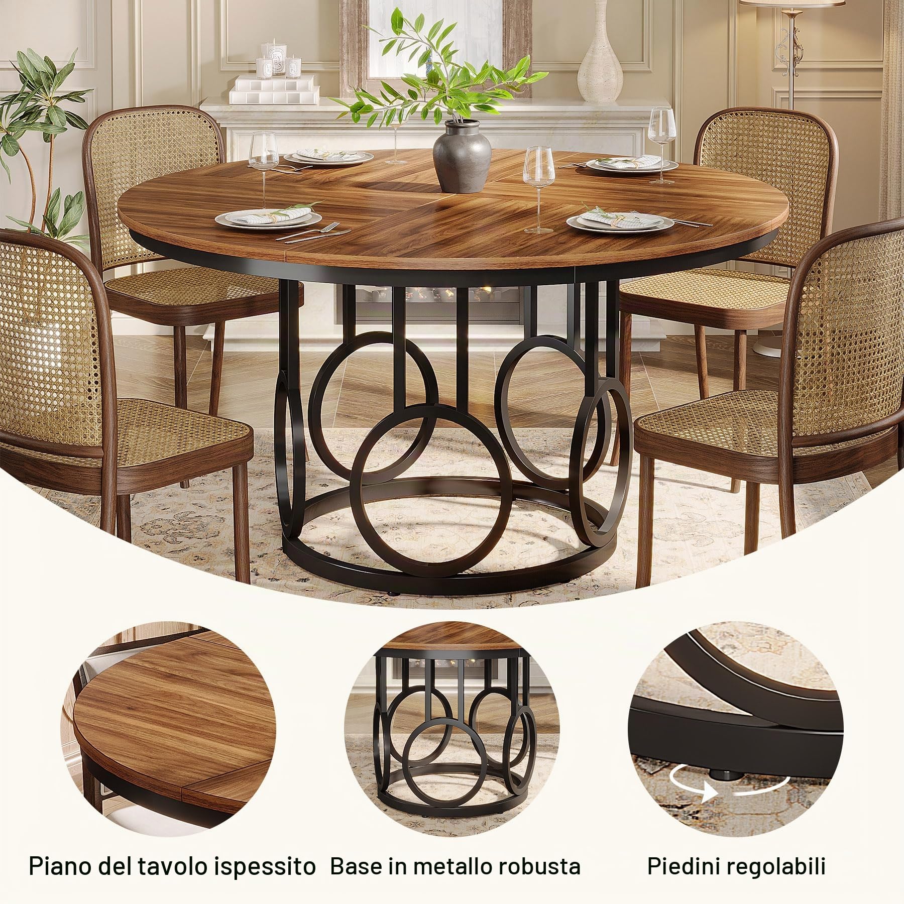 Tribesigns Tavolo da Pranzo Rotondo 119 cm in Legno con Base in Metallo per 4-6 Persone, per Sala, Cucina, Soggiorno