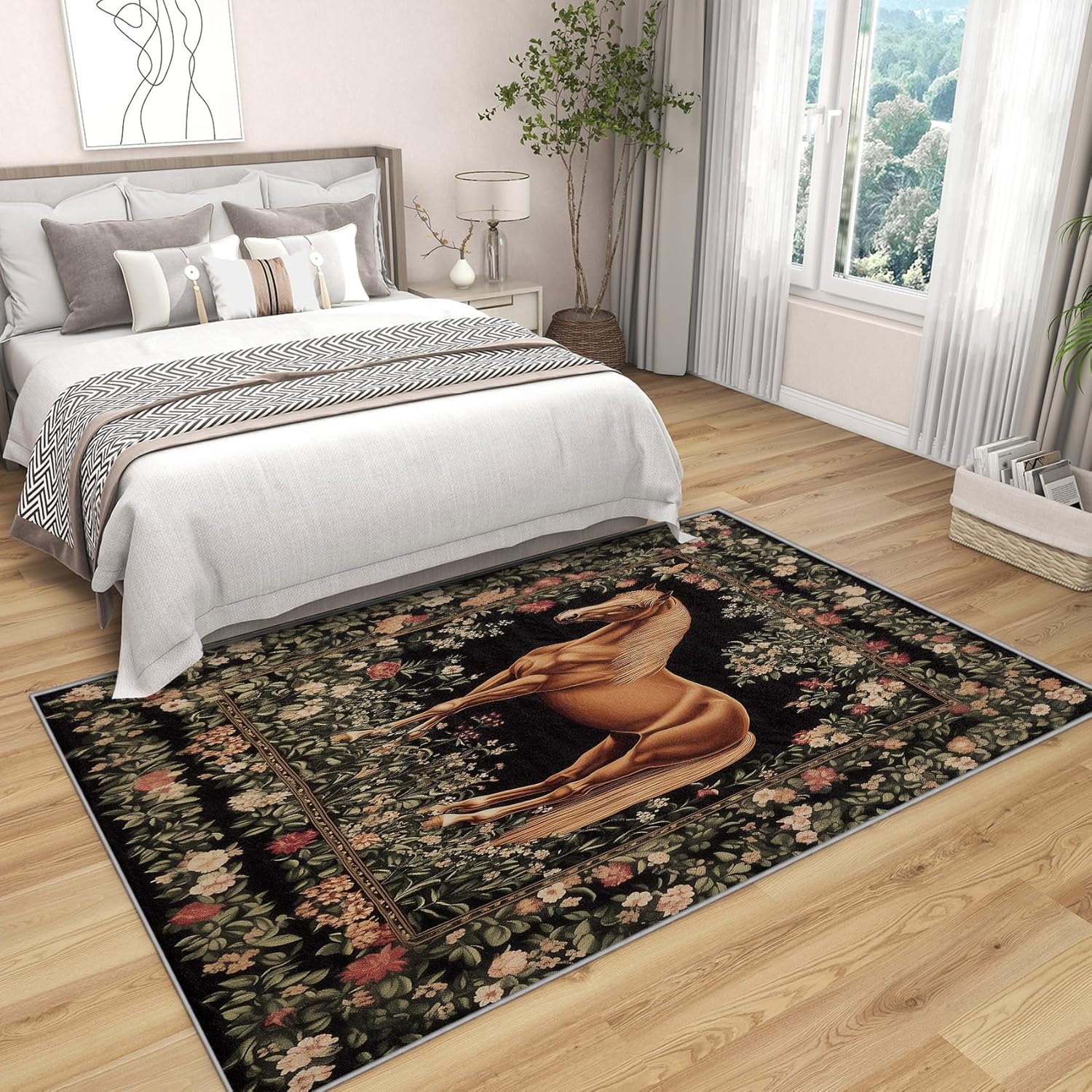 Horse Rugs for Living Room - 2x3 ft, Wildflower Rug, Botanical Floral Area Rug, Woodland Cottagecore Washable Door Mat for Entryway, Kitchen, Horse Home Decor & Gifts