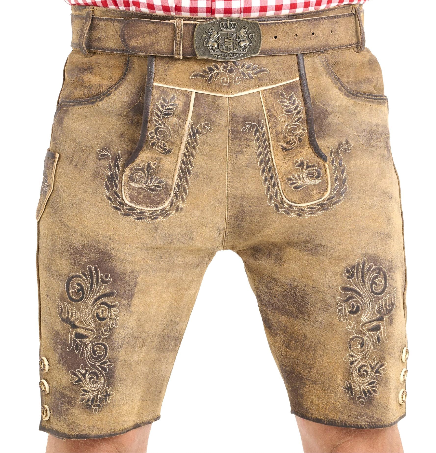 Premium Trachten Lederhose Herren kurz mit Trachtengürtel, echtes Vollleder (Full Grain), antiker Look, edle Stickereien, Oktoberfest, Größen 44–60