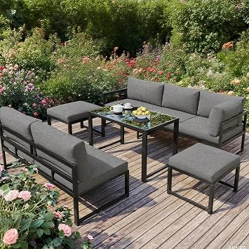 KUIKUI Garden Sofa Set, Outdoor Corner Sofa, Patio Furniture with Cushions, Garden Corner Sofa Set with Carbon Black Aluminium Frame, Grey