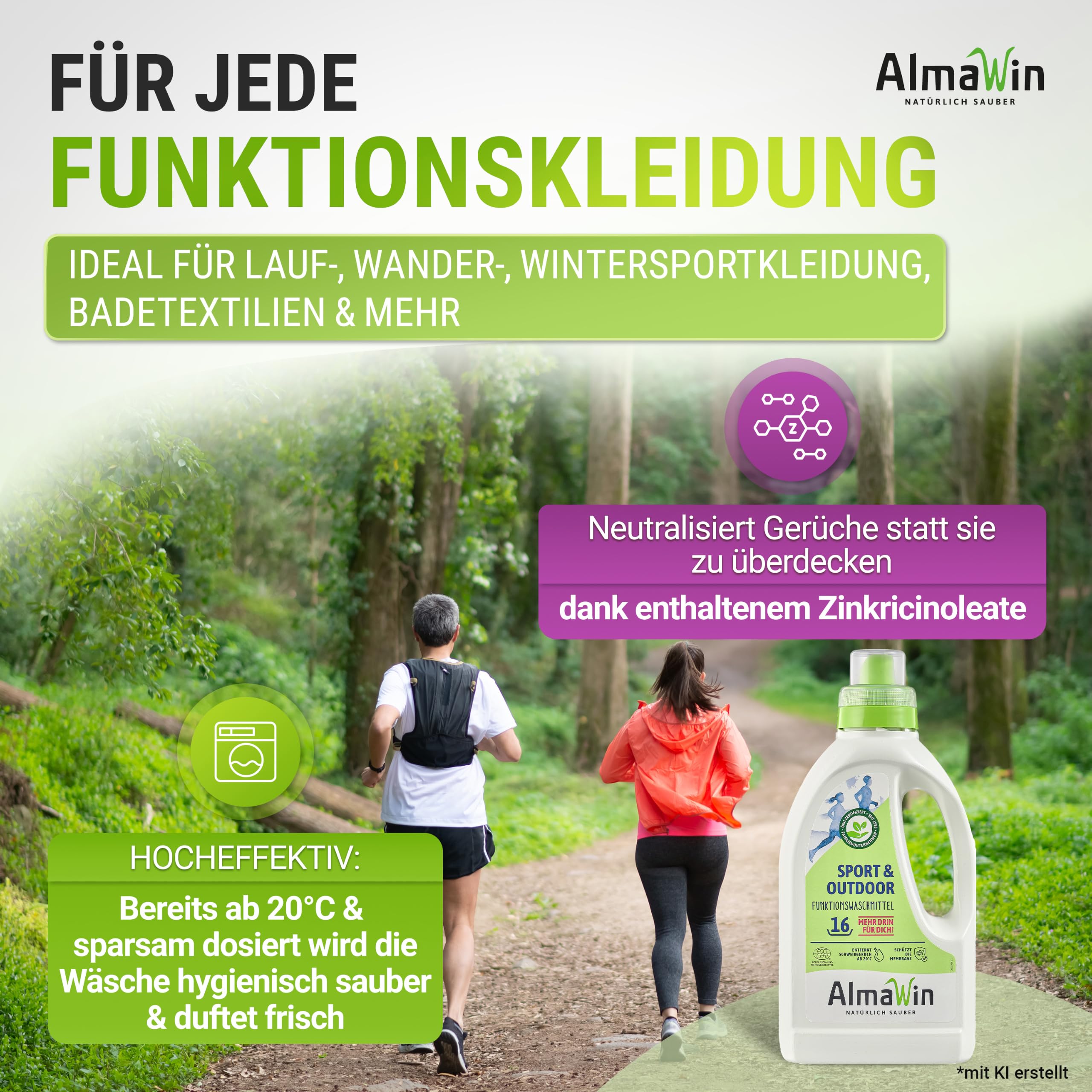 AlmaWin® Sportwaschmittel für Funktionskleidung [6x 750ml] entfernt effektiv Schweißgeruch - Membranfunktion-schützendes Funktionswaschmittel - Outdoor Waschmittel - Reisewaschmittel [20-40°C]