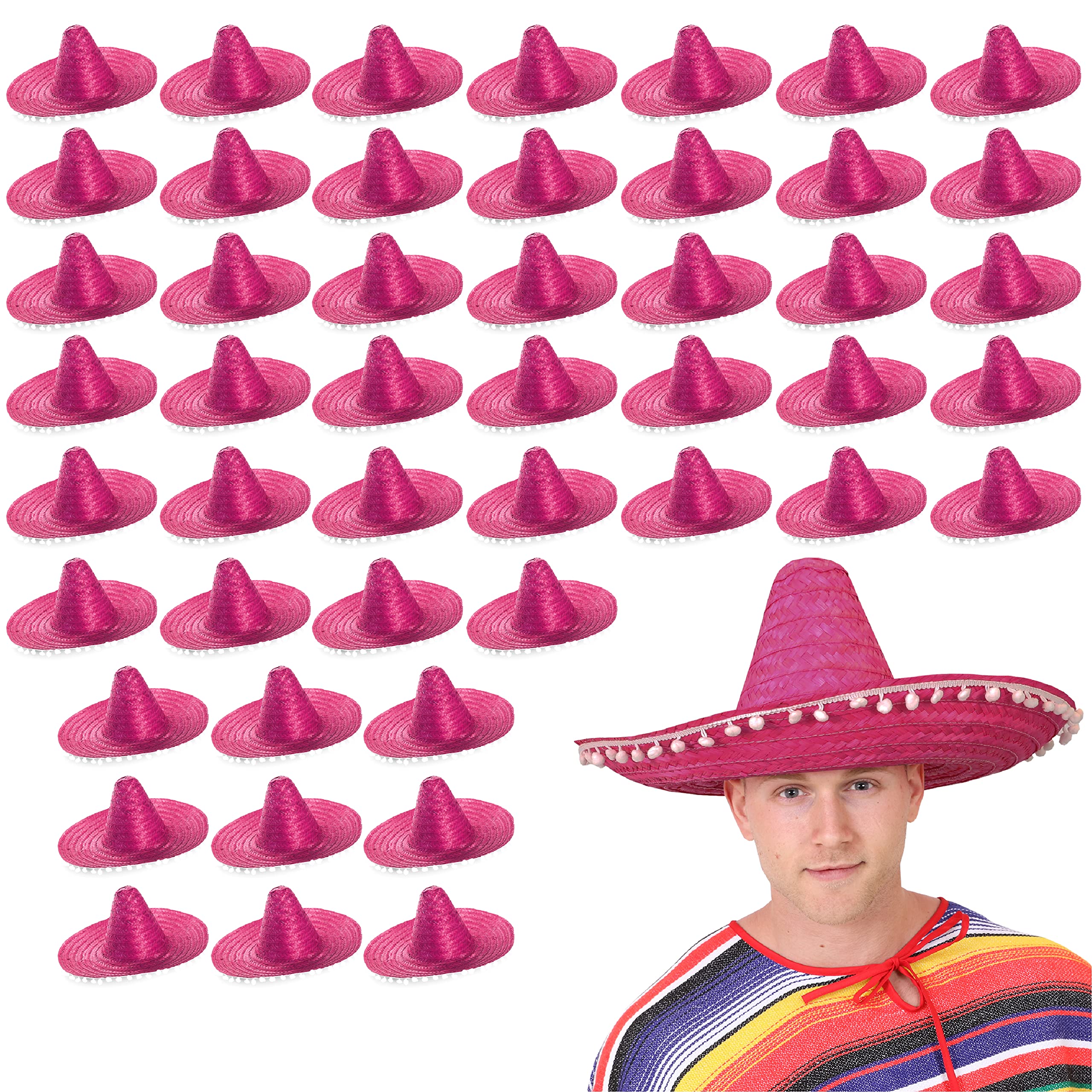 SOMBREROS MEXICANOS EN ROSA CON BOMBRERO BLANCO PÓM EDGING PERFECTO PARA CUALQUIER FIESTA DE SOMBRERO MÉXICO PARA HOMBRE Y MUJER - 100X SOMBRERO
