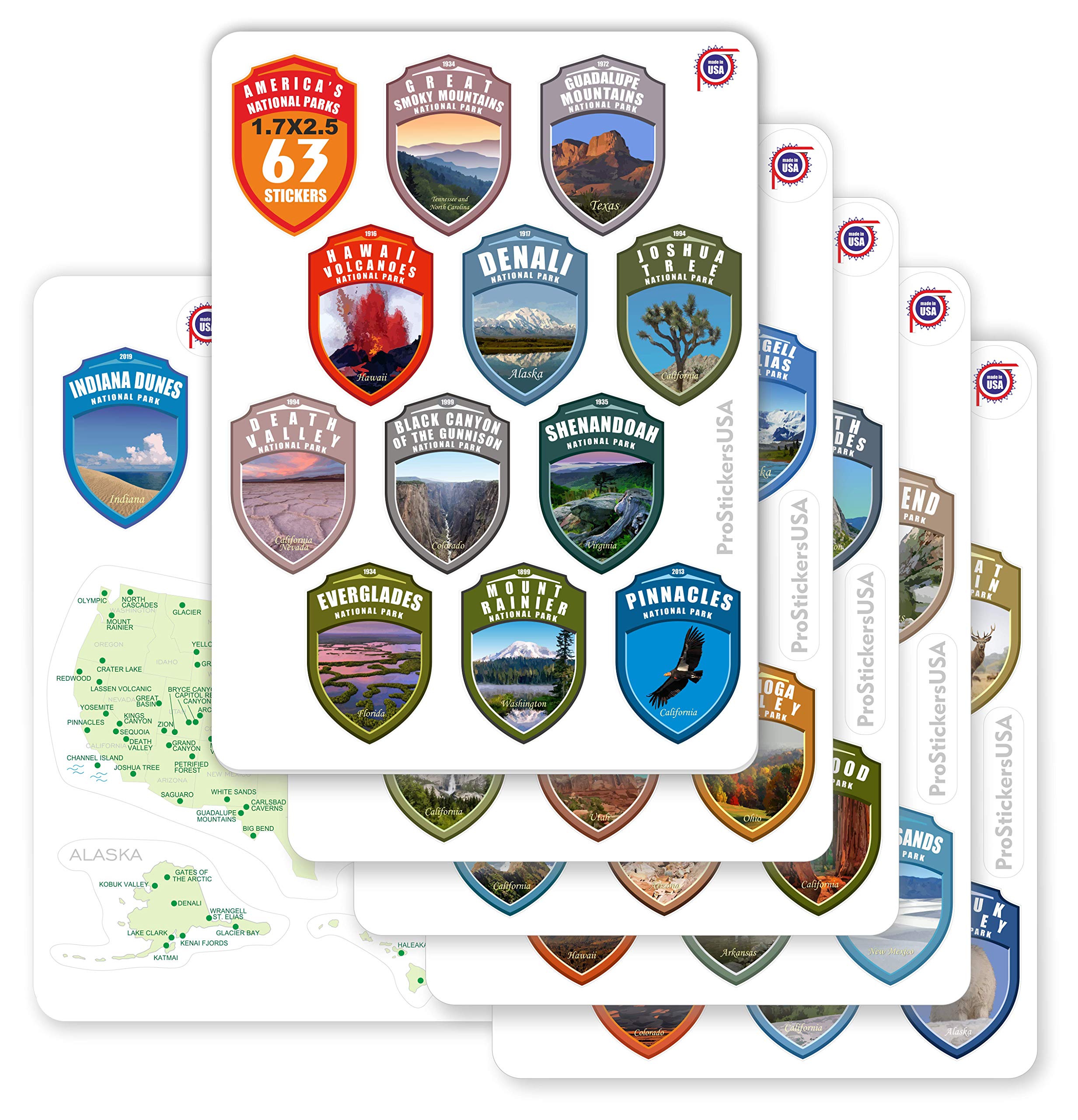 1.7 x 2.5 Shields Collection Stickers Set 63 National Parks USA. Map of US National Parks.