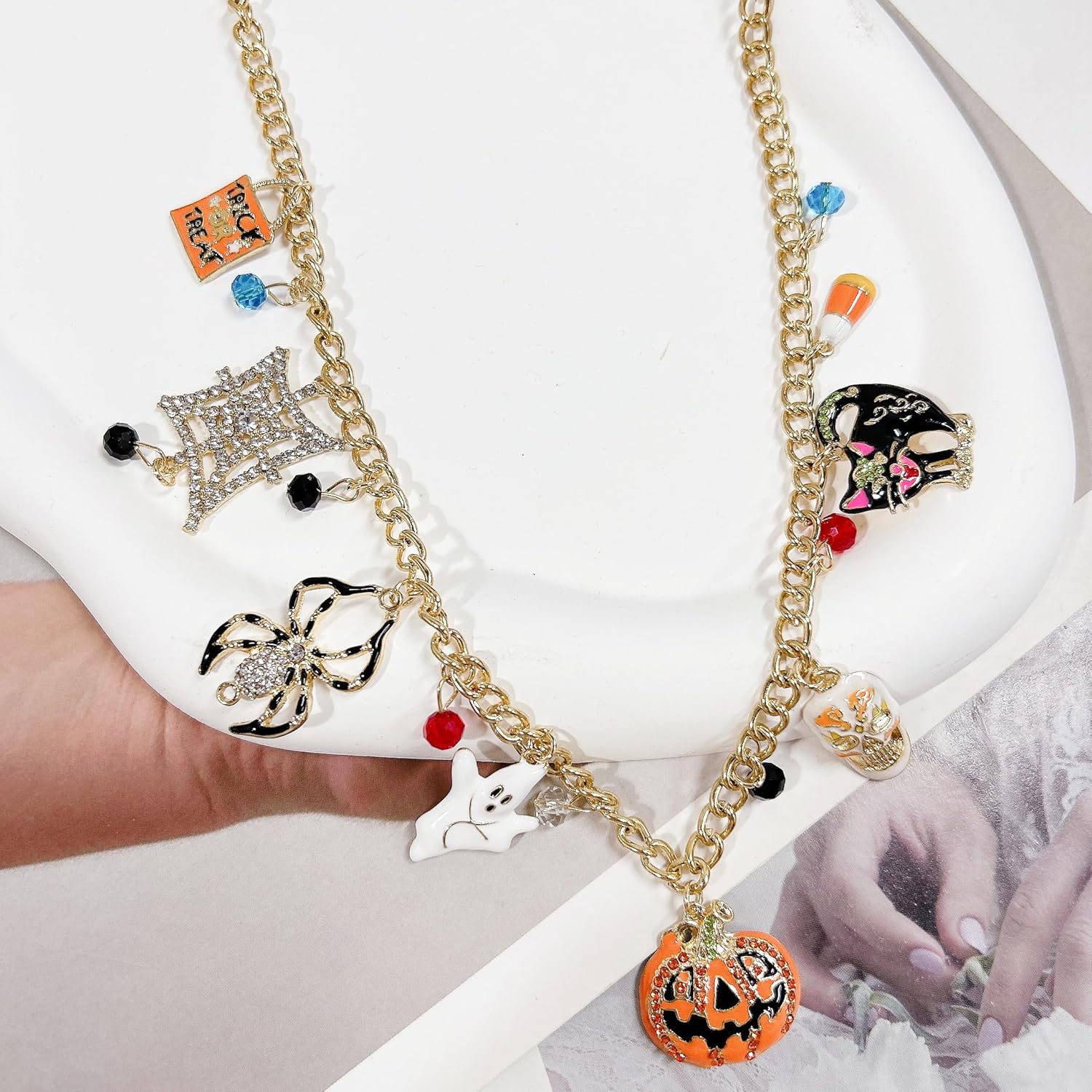Halloween Pumpkin Ghost Spider Tassel Choker Necklace For Women Gold Plated Cz Statement Gothic Chunky Black Cat Web Skull Crystal Beads Pendant Necklaces Holiday Party Costume Accessories Jewelry Gifts - Image 2