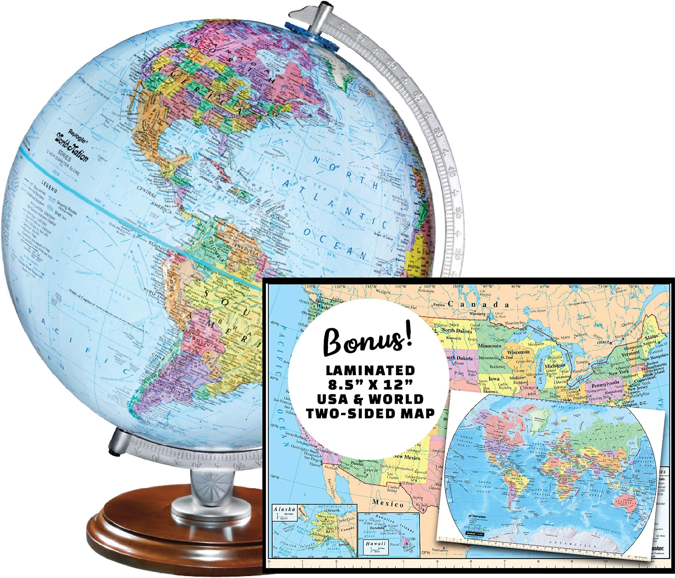 Replogle Student - Educational Classic World globe, Blue Ocean, Raised Relief feature, including a bonus map, made in USA, 12"/30cm diameter