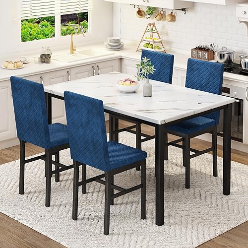 Miniatura 10 de DKLGG Juego de mesa de comedor para 4, mesa de cocina y sillas, juego de 4 mesas de cocina y comedor de mármol sintético con sillas de comedor Negro